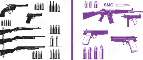 Firearm silhouettes and ammunition collection vector illustration including pistols shotguns and rifles