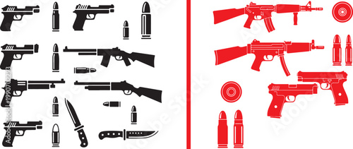 Vector silhouette set of firearms and tactical weapons including pistols rifles knives and ammunition for security