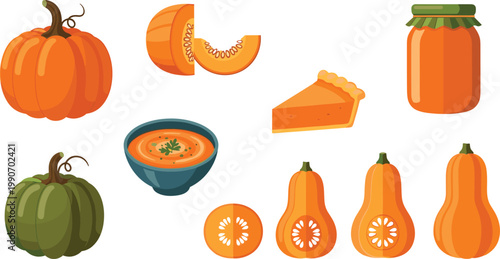 Pumpkin and Butternut Squash Illustration Set with Soup, Pie, Jar, and Sliced Vegetables for Autumn Harvest Design, Cooking, and Seasonal Food Projects