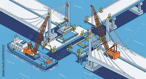 Construction of Modern Bridge with Heavy Machinery and Workers.