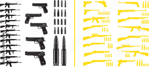 Vector silhouette collection of firearms including assault rifles handguns and ammunition for military security or hunting infographics