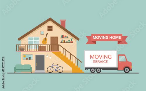 Charming cartoon illustration displaying a two story house with interiors and a red moving truck