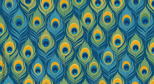 A vibrant, repeating pattern of stylized peacock feathers in shades of blue, green, and yellow