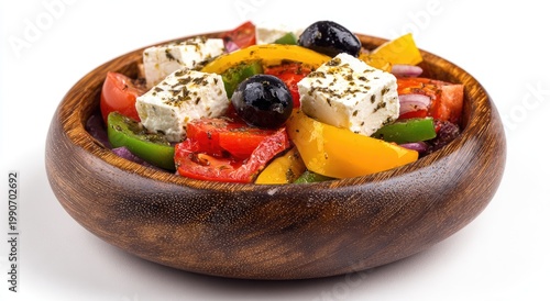 Rustic bowl overflows with vibrant, fresh chopped vegetables, olives, and feta