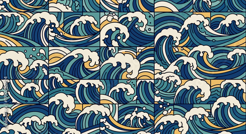 Repeating pattern of stylized blue, teal, yellow, and white waves