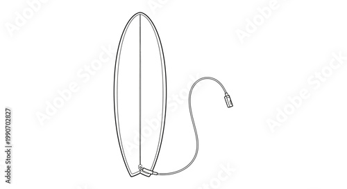 Detailed Outline Illustration of a Surfboard with Leash on Isolated White Background
