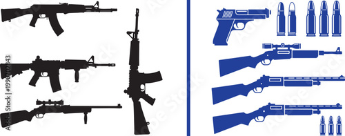 Vector illustration of firearm silhouettes and icons featuring assault rifles, sniper rifles, handguns, and ammunition for military and security themes