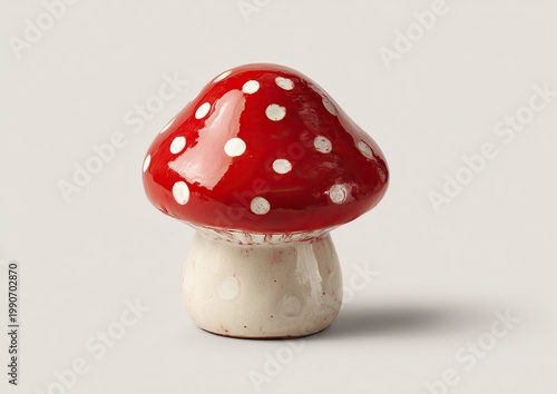 Glossy ceramic toadstool with red cap and white dots on a plain background
