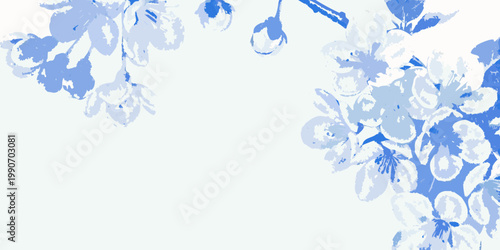 Delicate blue cherry blossoms frame the edges of a white background