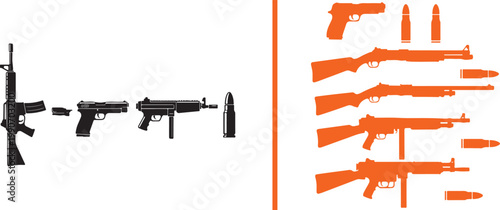 Firearms and ammunition vector silhouette collection featuring rifles handguns and submachine guns for security and defense