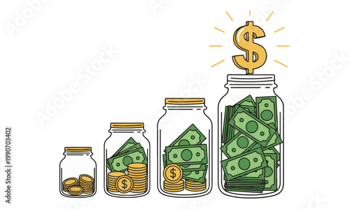 Money savings jars showing financial growth and wealth accumulation