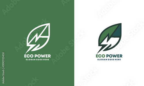 Eco Power Logo Design with Leaf and Lightning Bolt Symbol