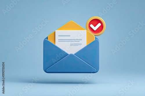 3D-rendered image of a blue envelope with open yellow interior holding a document, a checkmark icon