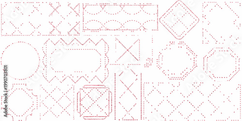 Geometric patterns and shapes composed of dotted red lines on white
