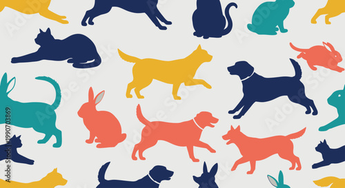 Colorful silhouette animals in a playful, scattered pattern on a light background
