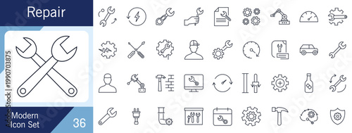 Minimal Line Repair and Maintenance Icon Collection with Tools Engineering and Service Symbols.