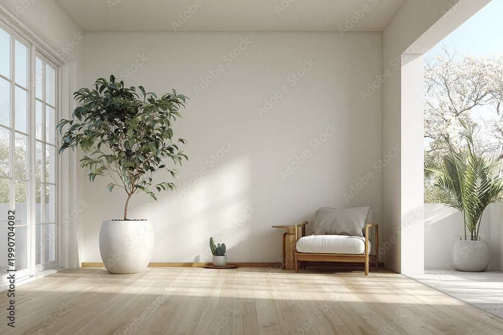 Fototapeta premium Minimalist Scandinavian living room with large blank wall, wooden floor, natural light, potted plants, and cozy armchair creating calm and inviting atmosphere