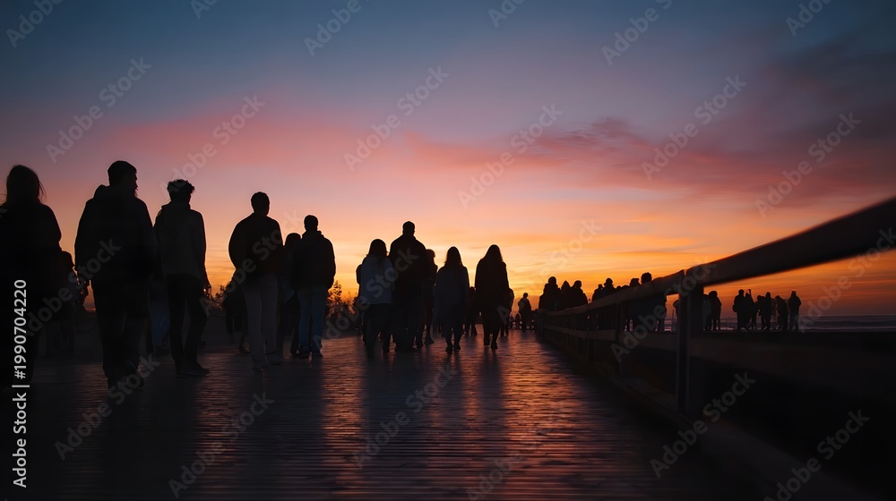 Fototapeta premium Silhouettes of a crowd gathered on a pier at sunset viewing the colorful dramatic sky over the water
