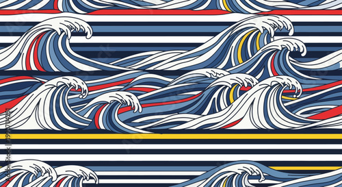 Stylized waves crash and crest against a backdrop of bold navy and white stripes