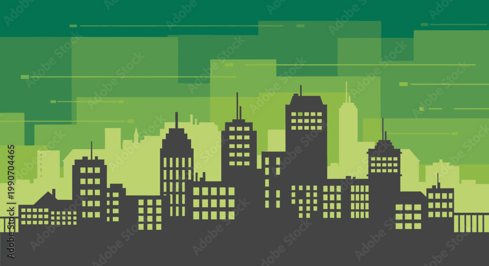 Fototapeta premium A silhouetted cityscape against a backdrop of abstract green geometric shapes and lines, suggesting urban development and modern architecture
