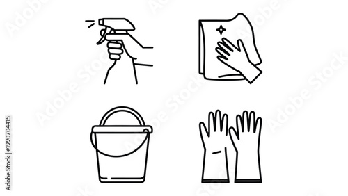 Cleaning Supplies Collection: A minimalist arrangement of essential cleaning tools, including a spray bottle, cleaning cloth, bucket, and protective gloves, signifying hygiene and cleanliness. 