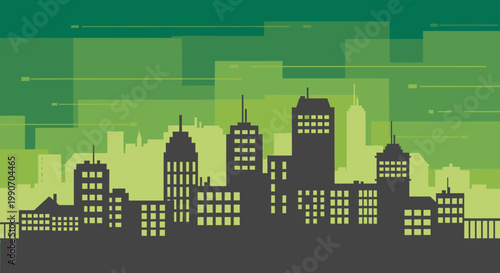 A silhouetted cityscape against a backdrop of abstract green geometric shapes and lines, suggesting urban development and modern architecture