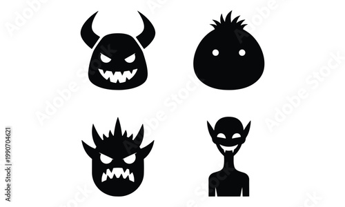 Monster silhouette icons set isolated on white background