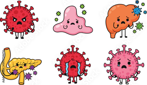 Cute Cartoon Germ and Virus Character Set with Bacteria, Microbes, and Infection Icons for Medical Illustration, Healthcare Awareness, and Educational Design Projects