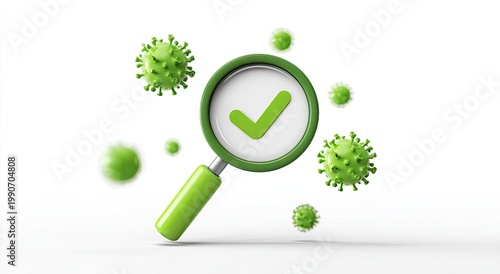Magnifying glass reveals green checkmark among virus-like particles