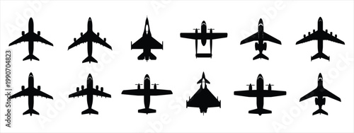 Airplane silhouette vector set, 12 black aircraft icons including commercial jets and military planes, aviation transport symbols for travel design