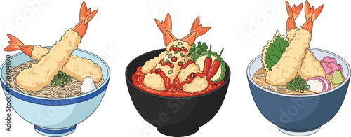 Japanese Shrimp Tempura Bowl Set with Ramen, Udon, and Rice Dishes Featuring Crispy Fried Seafood for Asian Cuisine Menu Design and Restaurant Illustration