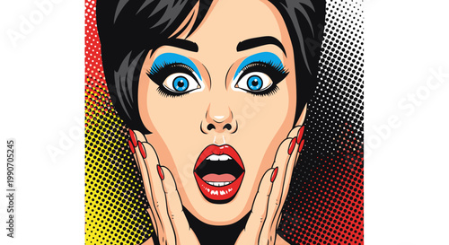 Quadro su tela Pop Art Woman with Shocked Expression and Wide Blue Eyes in Bright Studio