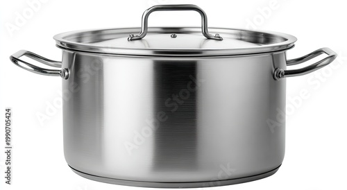 Polished metal cooking pot with two side handles and a matching lid