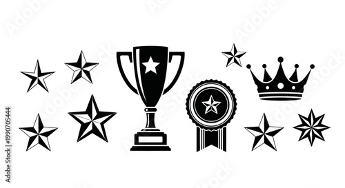 Collection of Black Silhouette Achievement and Success Icons on an Isolated White Background, Victory and Award Concept