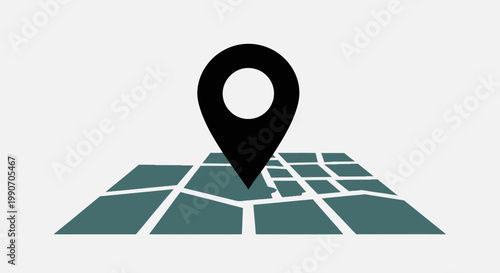 Large Black Map Pointer Icon on an Abstract Grid Map Surface on a Light Grey Background, Pinpoint Location Concept
