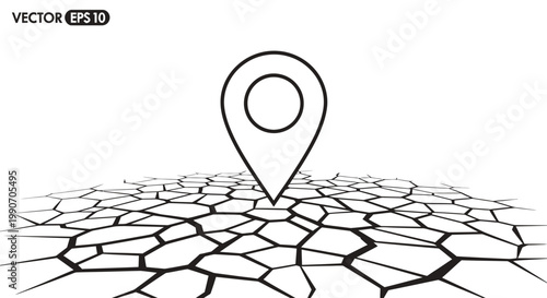 Outline Map Pointer Icon on a Cracked Grid Surface on an Isolated White Background, Location and Navigation Concept