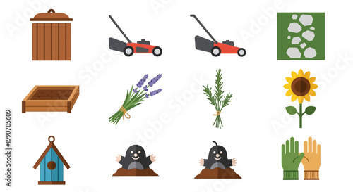 Gardening tools and plants for outdoor activities.