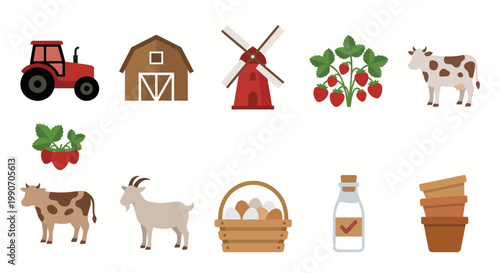 Illustration of Various Farm Elements Including Animals and Produce.