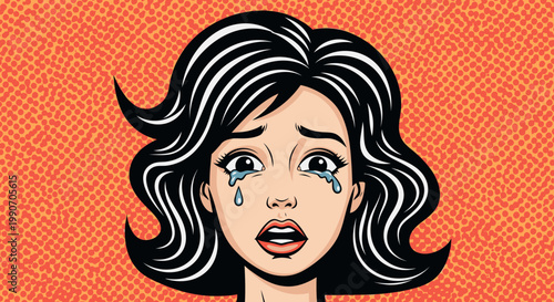 Distressed Pop Art Woman Crying with Tears, her face expressing deep sadness on a vibrant halftone background