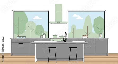 Modern Minimalist Kitchen Interior Design with Central Island, Bar Stools, and Nature View Windows, a sleek and functional space