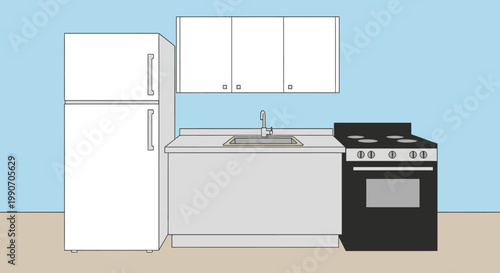 Simple Cartoon Kitchen Interior with Refrigerator, Sink, and Stove in Bright Studio