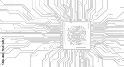 Advanced Microchip with Intricate Circuit Board Lines, High-Tech Computing Design on Isolated White Background