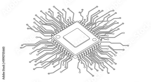 Detailed Circuit Board with Central Microchip, Electronics and Computing Technology on Isolated White Background