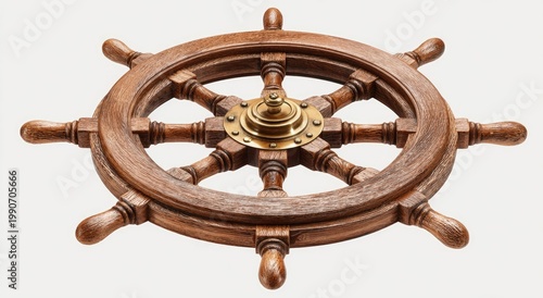 Aged wooden ship's wheel with brass accents, on white background