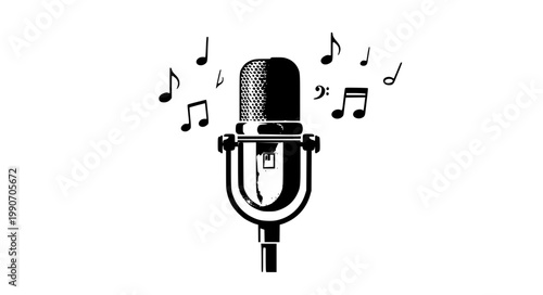 Microphone with musical notes vector illustration music singing audio concept isolated on white background