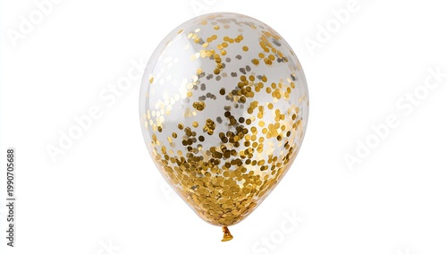 A transparent balloon filled with shimmering gold confetti, isolated on white
