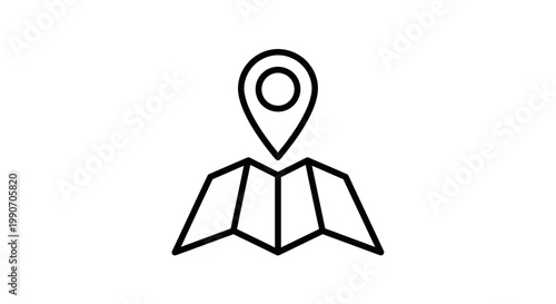 Outline Icon of Folded Map with Location Pin on Isolated White Background