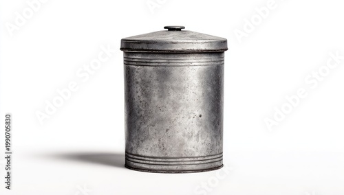 Aged, cylindrical metal container with ribbed texture and attached lid