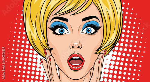 Pop Art Woman with Wide Open Eyes and Mouth Expressing Surprise or Shock on Red Dotted Background