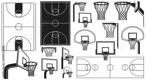 Collection of outline vector icons depicting basketball courts and various basketball hoops or baskets on an isolated white background.